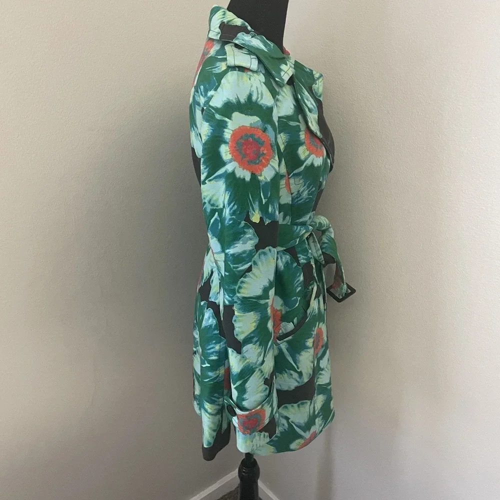 BANANA REPUBLIC Sz S Floral Belted Trench Coat Green Multicolor Double‎ Breasted